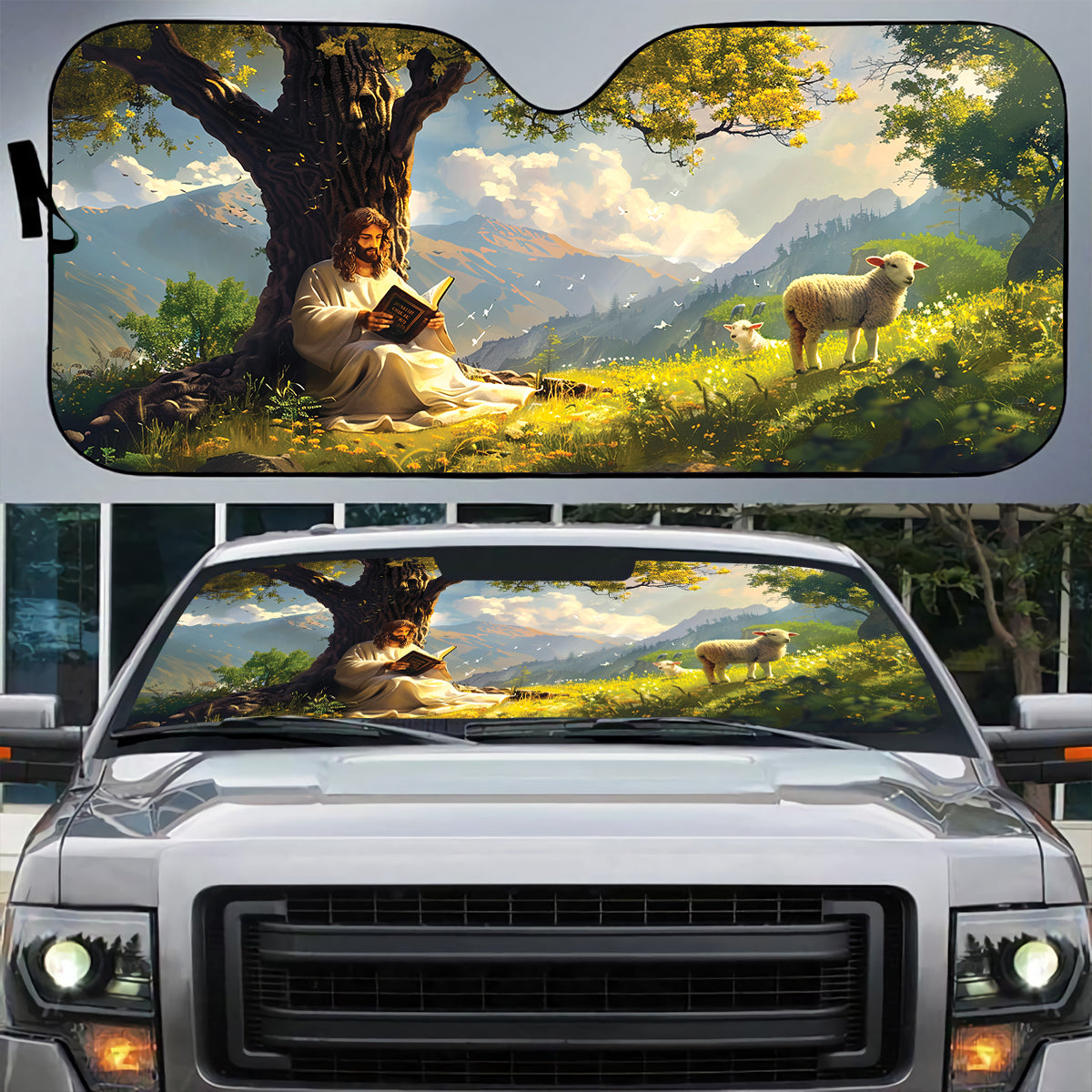 Teesdily | Jesus Reading Bible Book Sunshade Protector, Lamb Of God Auto Sun Shade, Christian Windshield Car Sunshade, Faith Religious Gifts