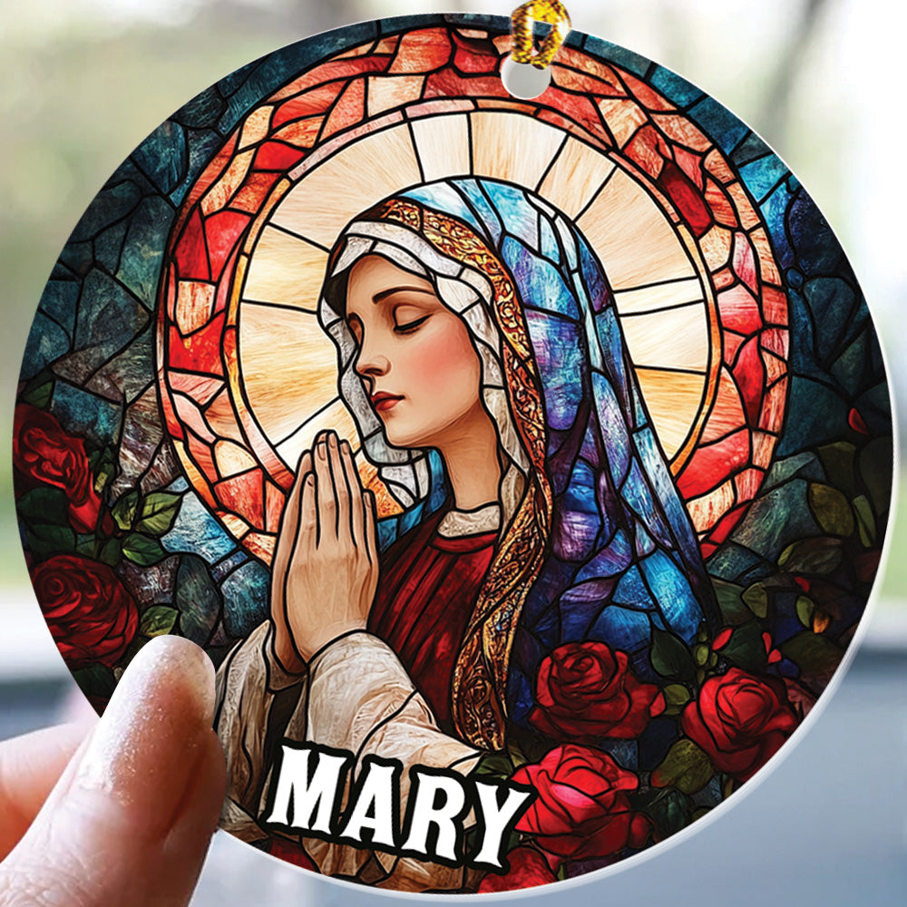 Teesdily | Customized Mary Rose Stained Glass Printed Ornament, Jesus Mary Ornament Christmas, Religious Art Christmas Gift Mom