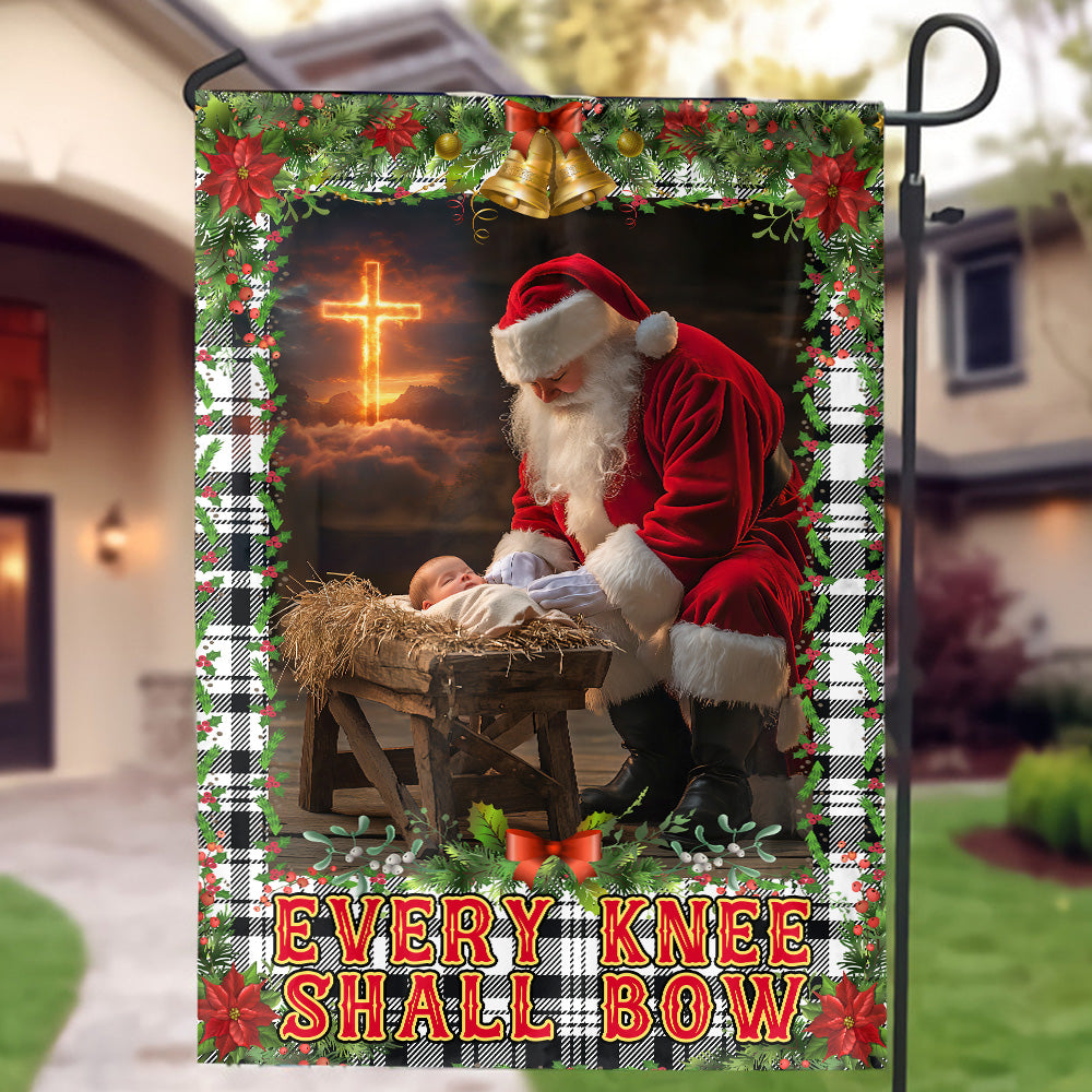 Teesdily | Santa Claus Kneeling With Baby Jesus Christmas Garden Flag, Every Knee Shall Bow House Flag, Christmas Yard Decor