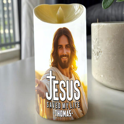 Teesdily | Customized Jesus Saved My Life LED Candle, Faith Cross Religious LED Candle No Battery, Baptism Gift Christmas Decor