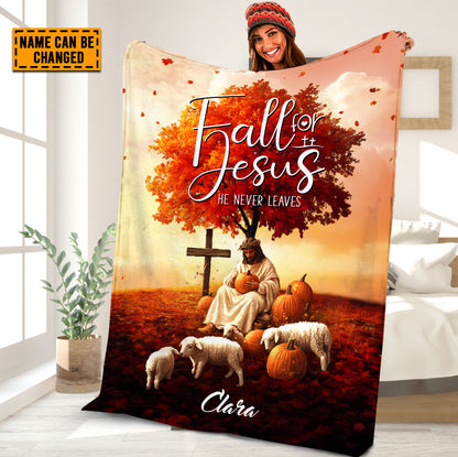 Teesdily | Customized Jesus Lamb Pumpkin Thanksgiving Blanket, Fall For Jesus He Never Leaves Throw Blanket, Jesus Lovers Gifts