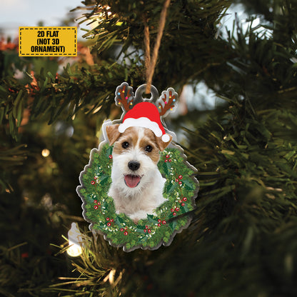 Teesdily | Jack Russell Terrier Christmas Wreath Ornament, Jack Russell Terrier Xmas Hat Deer Antlers Car Hanging Ornament, Dog Owner Xmas Tree Decor