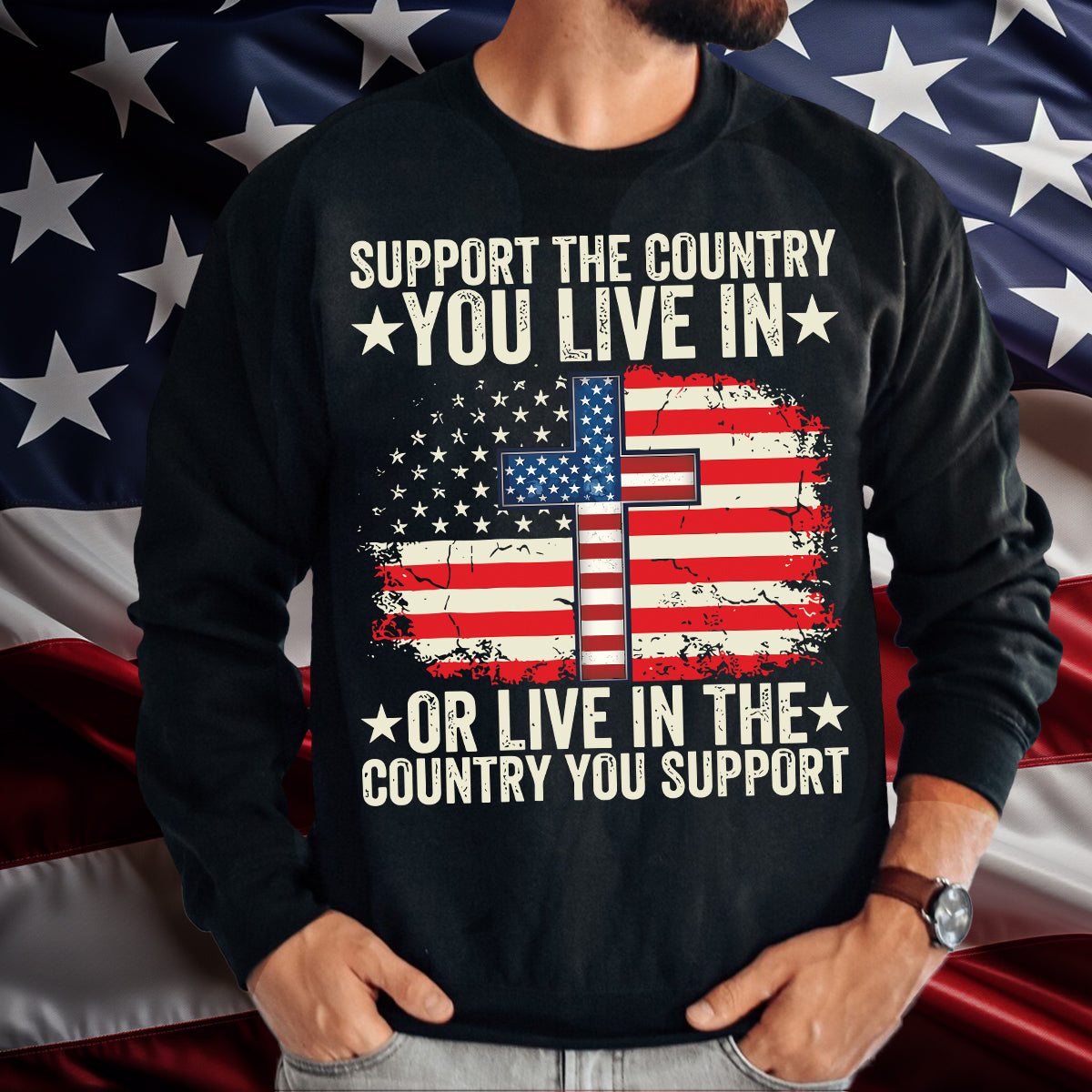 Teesdily | American Flag Jesus Cross Shirt, Support The Country You Live Tee Sweatshirt Hoodie Mug, Jesus Lovers Gifts, Patriotism Shirt