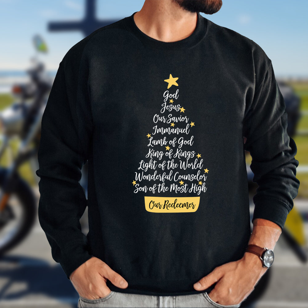 Teesdily | Jesus Name Christmas Tree Shirt, Names Of Jesus Sweatshirt, God Jesus Our Redeemer Star Hoodie Mug, Religious Gift