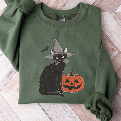 Teesdily | Halloween Cat Pumpkin Embroidered Sweatshirt, Black Cat Witch Embroidery Shirt, Pumpkin Cat Embroidered T-Shirt, Cat Lover Gifts