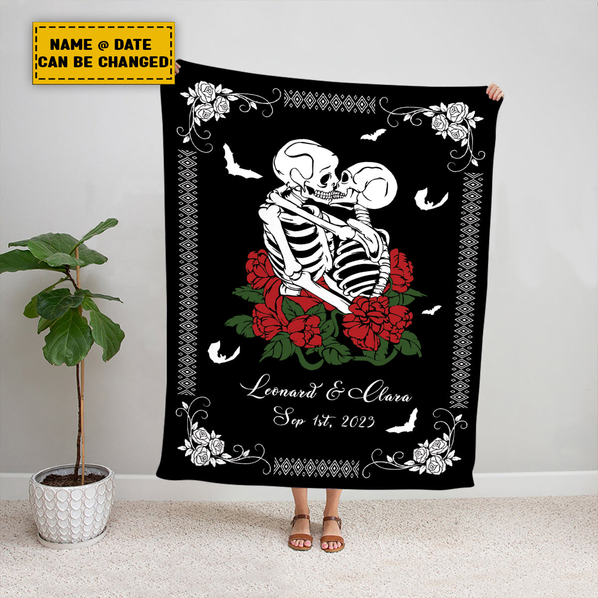 Teesdily | Personalized Skull Throw Blanket Custom Spooky Skeleton Rose Together Forever Fleece Blanket Gothic Skeleton Halloween Couples Funny Gifts