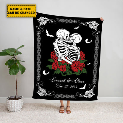 Teesdily | Personalized Skull Throw Blanket Custom Spooky Skeleton Rose Together Forever Fleece Blanket Gothic Skeleton Halloween Couples Funny Gifts