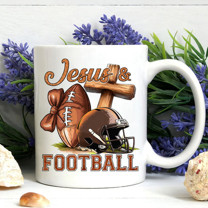 Teesdily | Jesus Football Shirt, Jesus Christ Cross Game Day Sweatshirt, Christian Football Family Hoodie Mug, Football Mom Gift