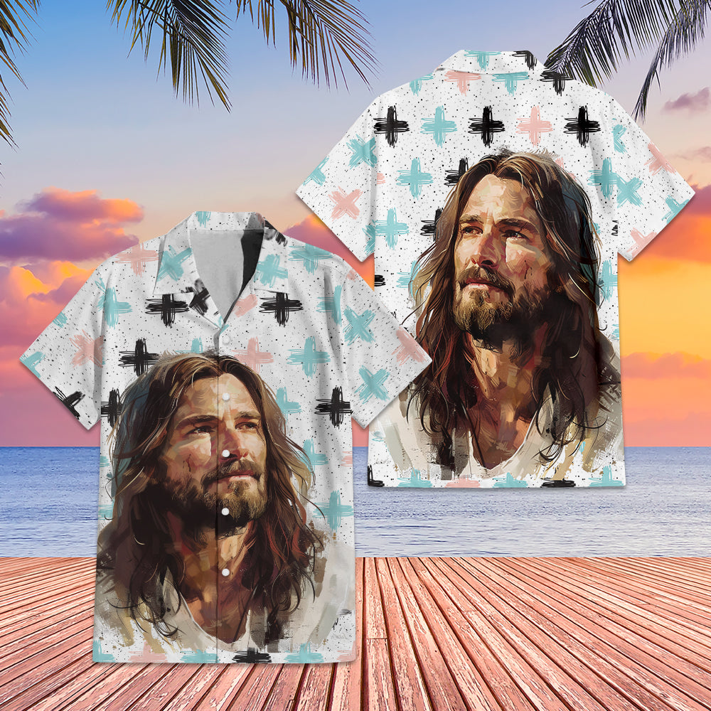 Teesdily | Jesus Portrait Print Hawaiian Shirt, Jesus Christ Cross Pattern Hawaii Set, God Cross Summer Aloha Shirt, Jesus Lover 3D Hawaiian Clothing