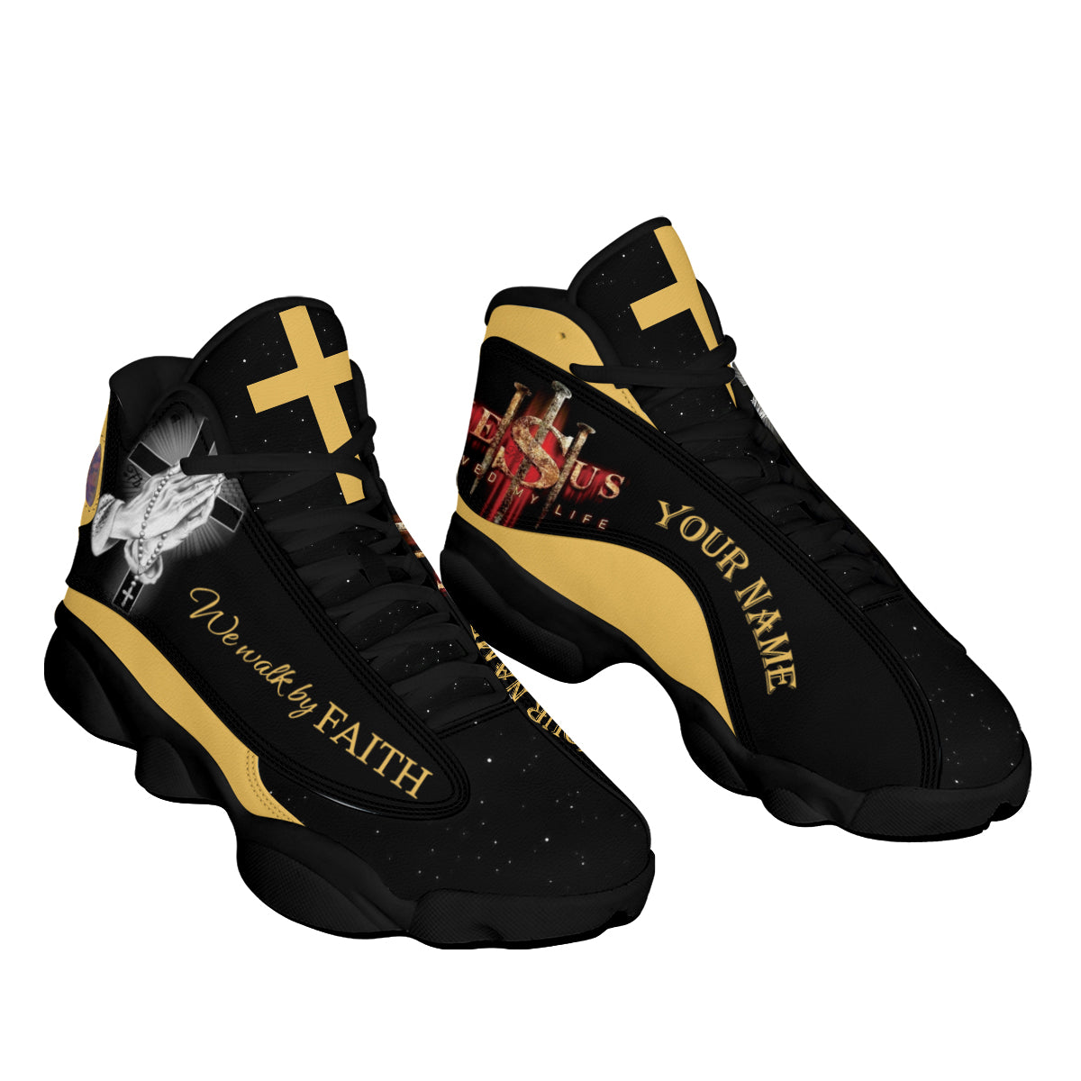 Teesdily | Personalized We Walk By Faith Basketball Shoes, Hands Praying God Shoes, Christian Footwear Unisex Basketball Shoes