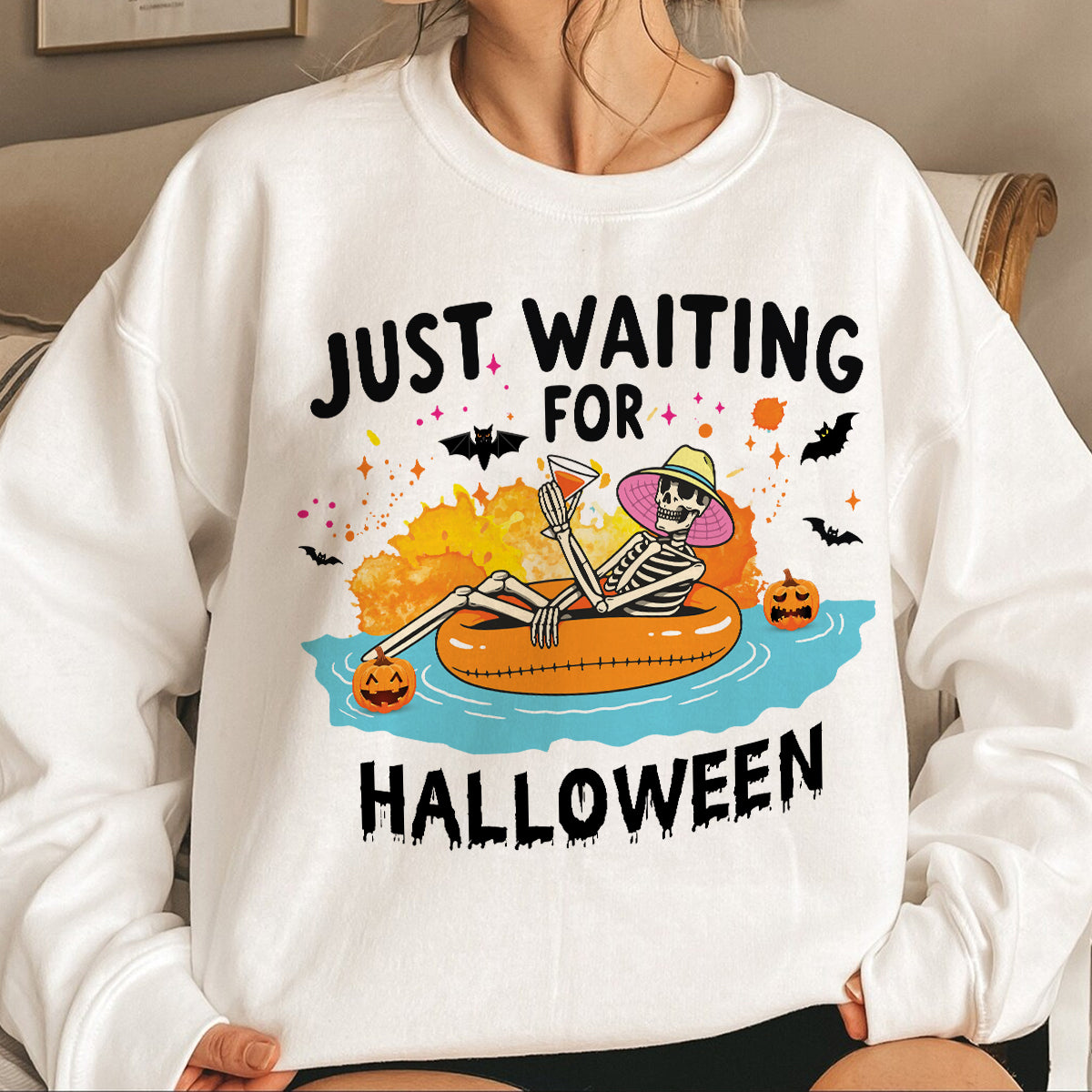 Teesdily | Halloween Skeleton Shirt, Just Waiting For Halloween Sweatshirt Hoodie Mug, Skeleton Pumpkin Tee, Cute Spooky Summer Halloween Gifts