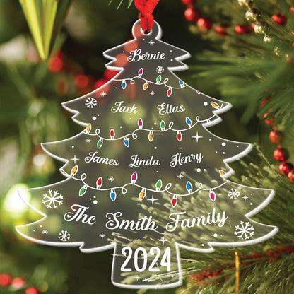 Teesdily | Personalized Christmas Tree Family Acrylic Ornament, Xmas Tree With Family Names And Led Lights Plastic Ornament, Christmas Decoration