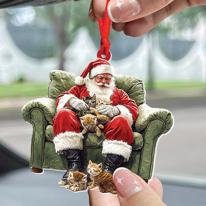 Teesdily | Santa Kittens On Sofa Ornament Christmas, Santa Claus With Cats Ornament, Cat Mom Cat Christmas Ornament, Xmas Gift