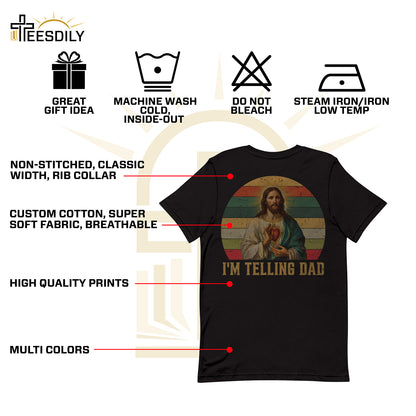 Teesdily | Jesus Sacred Heart Retro Shirt, I'm Telling Dad Shirt, Dad Grandad Vintage Sweatshirt Hoodie Mug, Father's Day Christian Dad Gifts