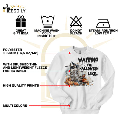 Teesdily | Funny Halloween Skeleton T-shirt, Skeleton Waiting For Halloween Like Sweatshirt Hoodie Mug, Skeleton Pumpkin Shirt, Halloween Party Gift