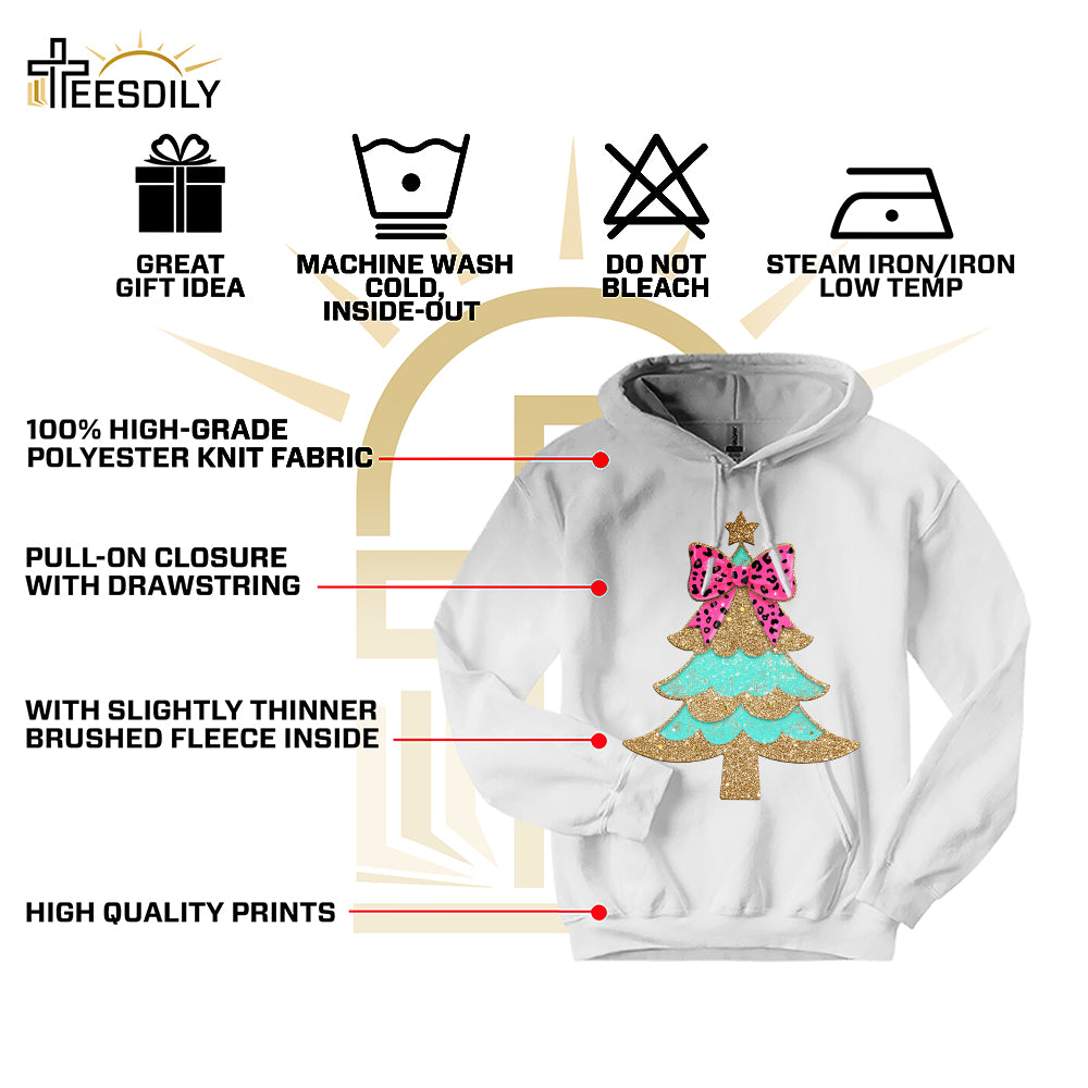 Teesdily | Christmas Tree Bow Shirt, Christmas Coquette Bow Glitter Leopard Sweatshirt, Christmas Hoodie Mug For Women