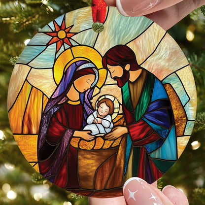 Teesdily | Holy Family Stained Glass Print Christmas Ornament, Jesus Nativity Ornament 2D, Religious Christian Scene Ornament Gift