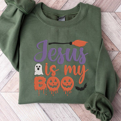 Teesdily | Jesus Is My Boo Embroidered Shirt, Christian Halloween Boo Spooky Ghost Bat Witch Embroidery Sweatshirt, Christian Fall Faith Shirt Gift