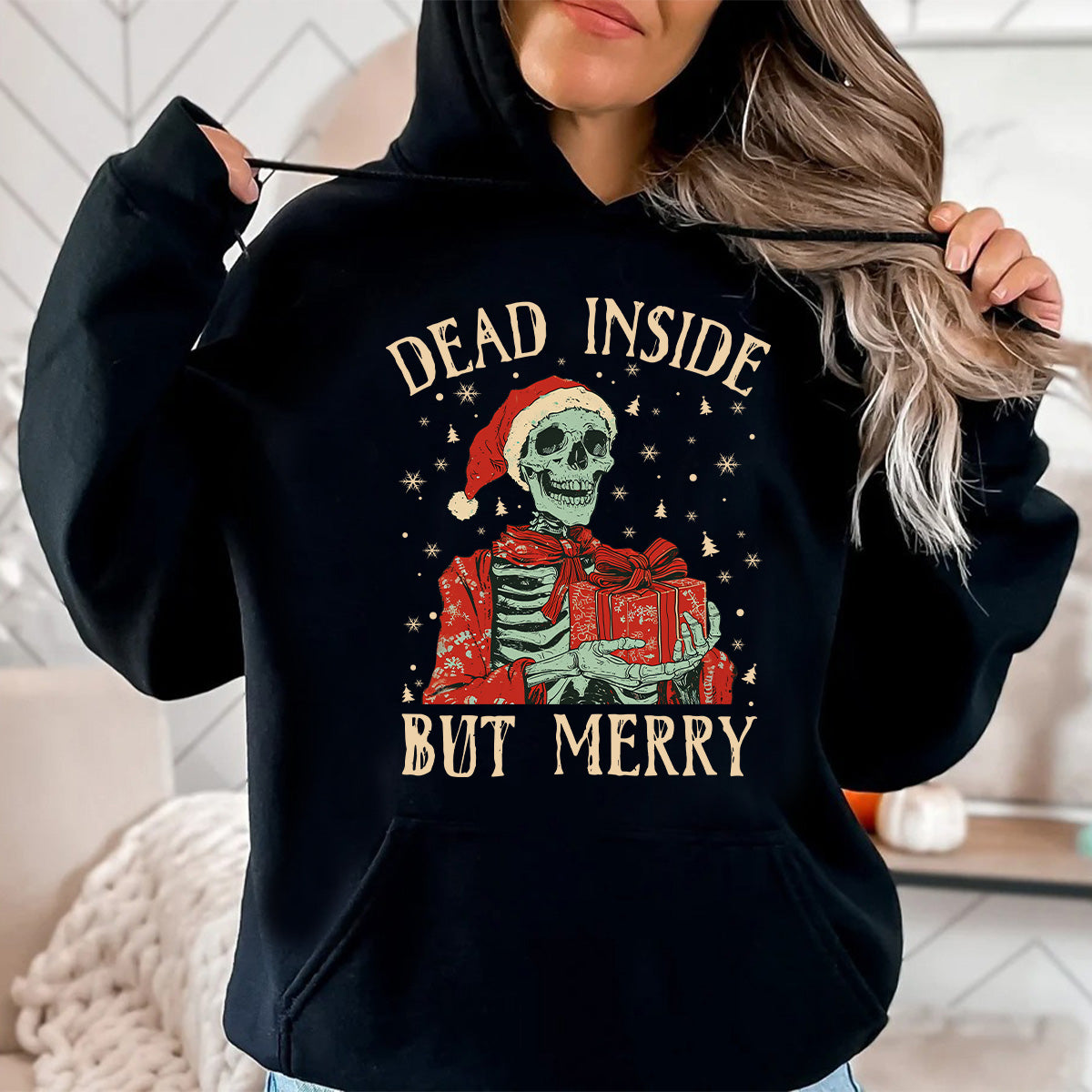 Teesdily | Christmas Skeleton Shirt, Dead Inside But Merry Christmas Sweatshirt Hoodie Mug, Skeleton Santa Tee, Christmas Gift