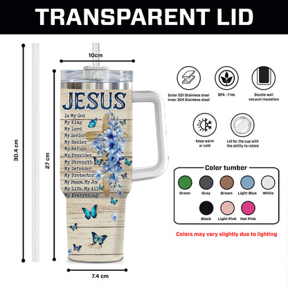 Teesdily | Customized Jesus Cross Floral Tumbler With Handle, Jesus Is King Personalized Cups, Inspirational Gifts For Women, Christian Gifts