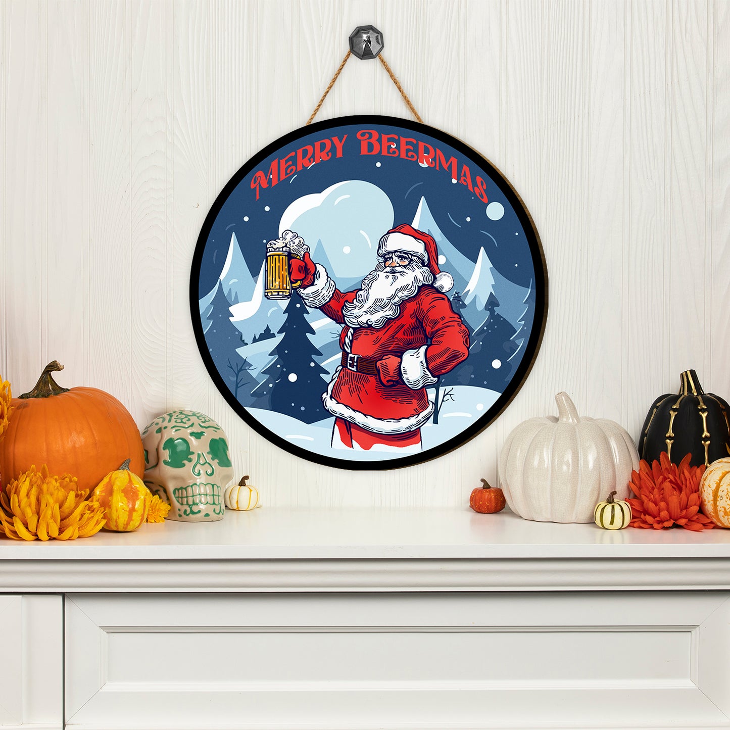 Teesdily | Jolly Santa Claus Merry Beermas Christmas Wood Sign Winter Christmas Decoration Gift For Beer's Lovers Office Decor