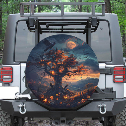 Teesdily | Halloween Night Pumpkin Spare Tire Cover, Halloween Pumpkin Ghost Raven Decor Car, Spooky Season Car Wheel Cover, Car Accessories