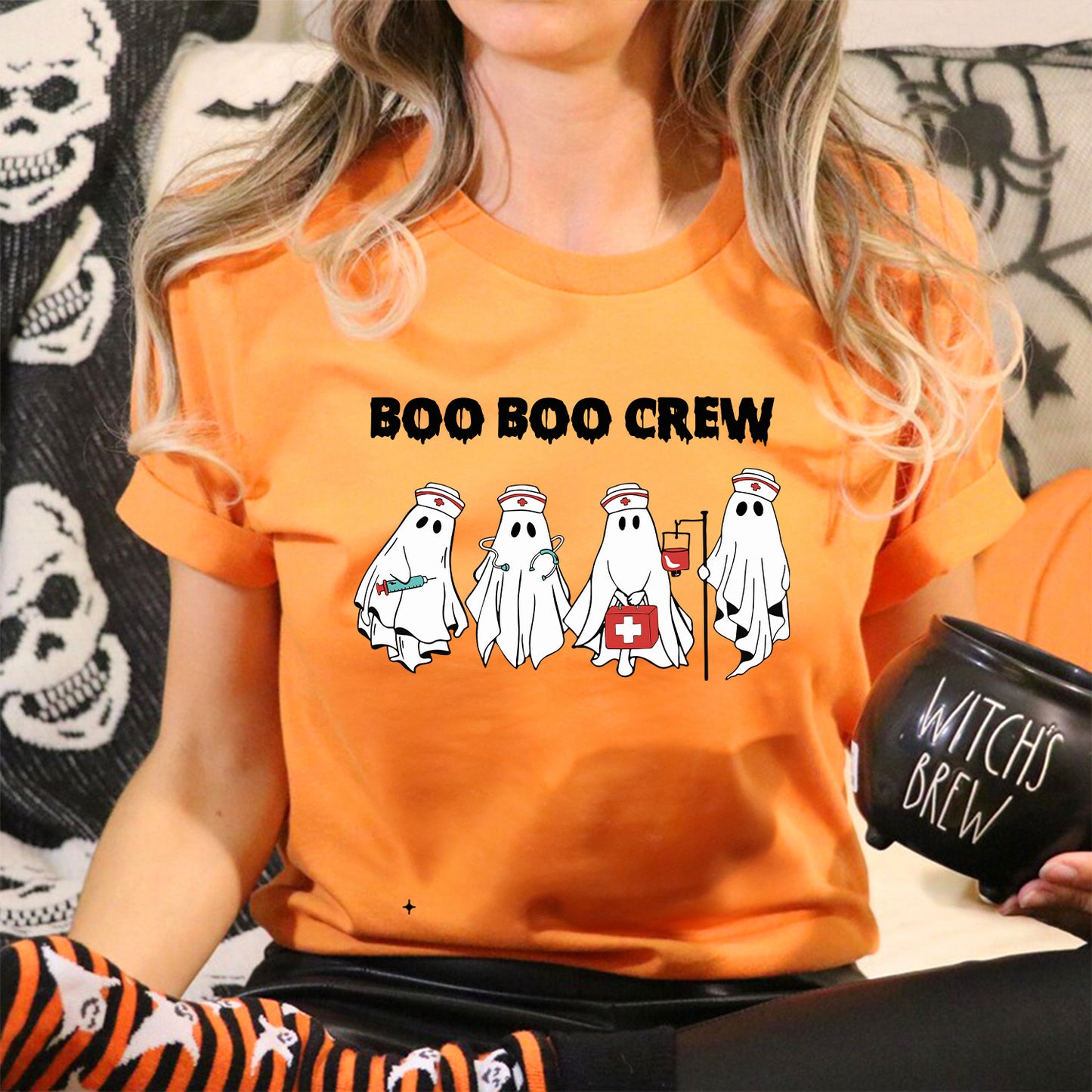 Teesdily | Funny Halloween Nurse T-shirt, Boo Boo Crew Cute Ghost Tee Sweatshirt Hoodie Mug, Halloween Nursing Gift, Cute Nurse Spooky Season Gifts