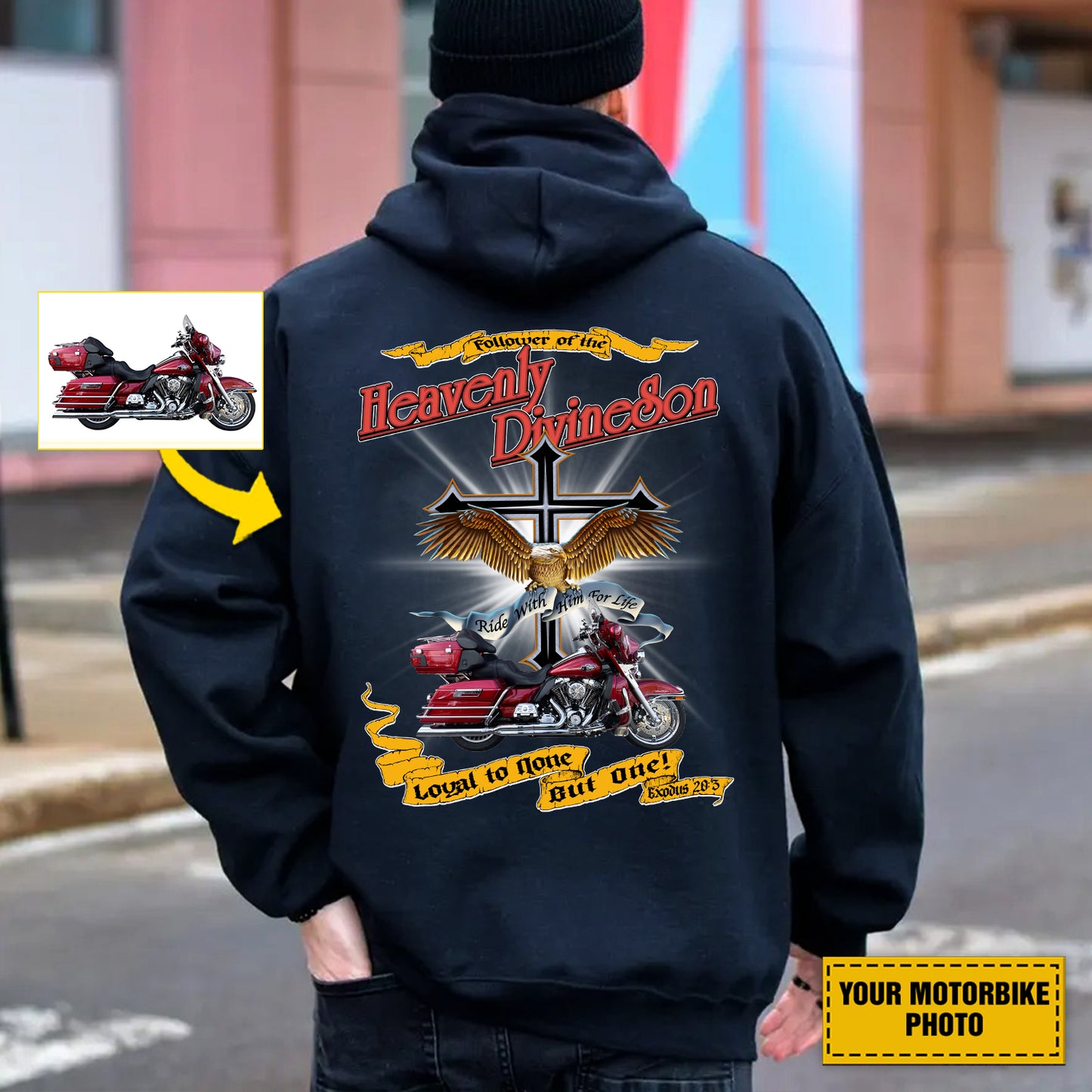 Teesdily | Customized Christian Biker Shirt, Follower Of The Heavenly Divineson Back Design Shirt Sweatshirt Hoodie Mug, Motorcycle Lovers Gifts