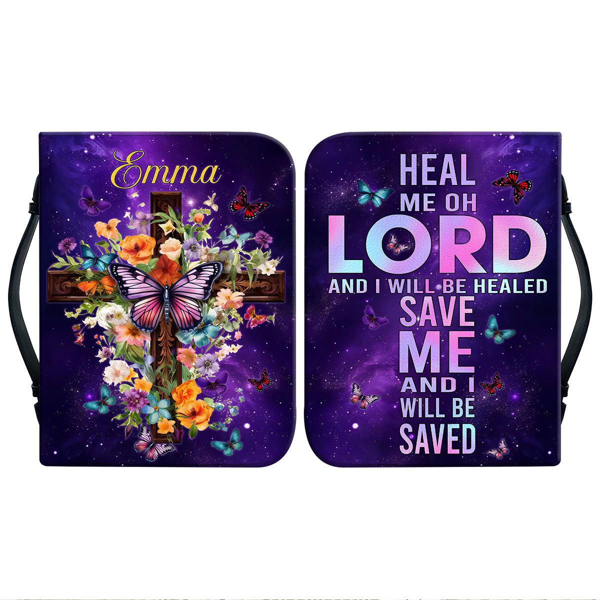 Teesdily | Jesus Cross Floral Customized Bible Cover Heal Me Oh Lord And I Will Be Healed Bible Case Butterfly Galaxy Print Gift For Women In Faith