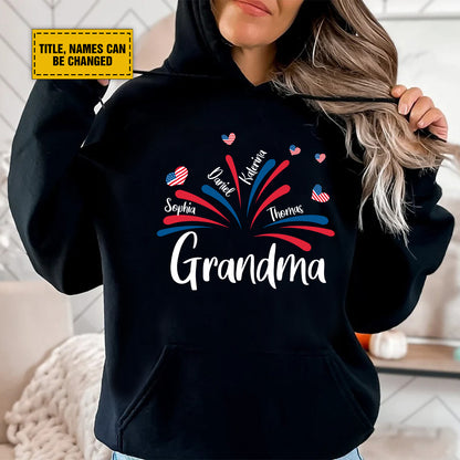 Teesdily | Customized Grandma American Flag Shirt, Fireworks Heart Mom Sweatshirt, Mama And Kids T-Shirt, Mom Papa Mug Cup, Independence Day Gifts