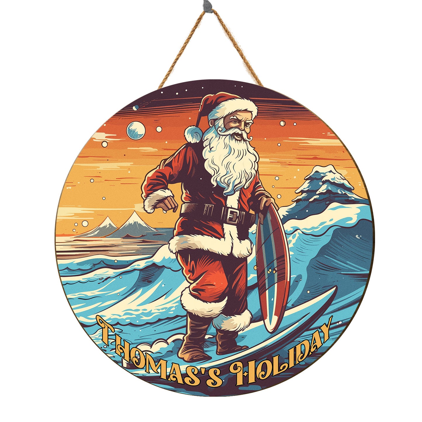 Teesdily | Customized Santa Claus Summer Surfing Christmas Wood Sign Surfing Lover Summer Holiday Home Decoration