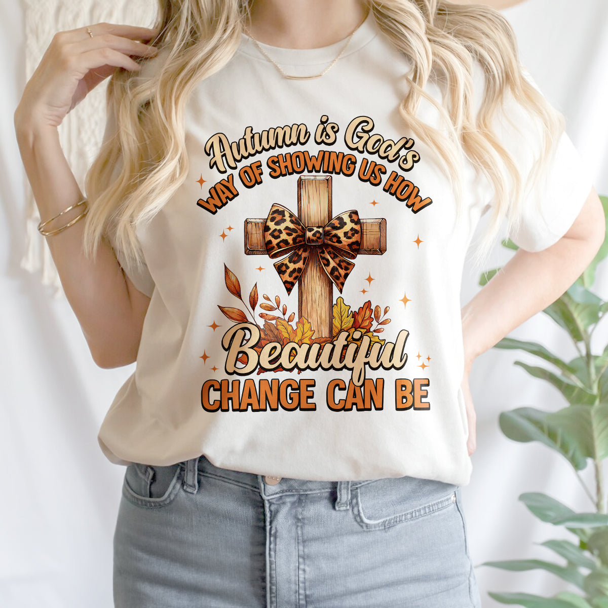 Teesdily | Jesus Cross Coquette Bow Thanksgiving Shirt, Autumn Is God's Way Tee Sweatshirt Hoodie Mug, Thanksgiving Jesus Gift