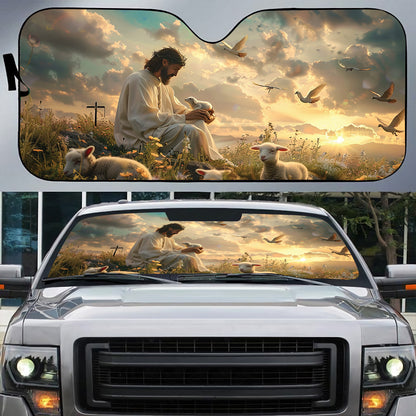 Teesdily | Jesus Lambs Bird Car Sunshade, Lambs Of God Auto Sunshade, Jesus Windshield Sun Shade Protector, Car Accessories, Christ Religious Gifts