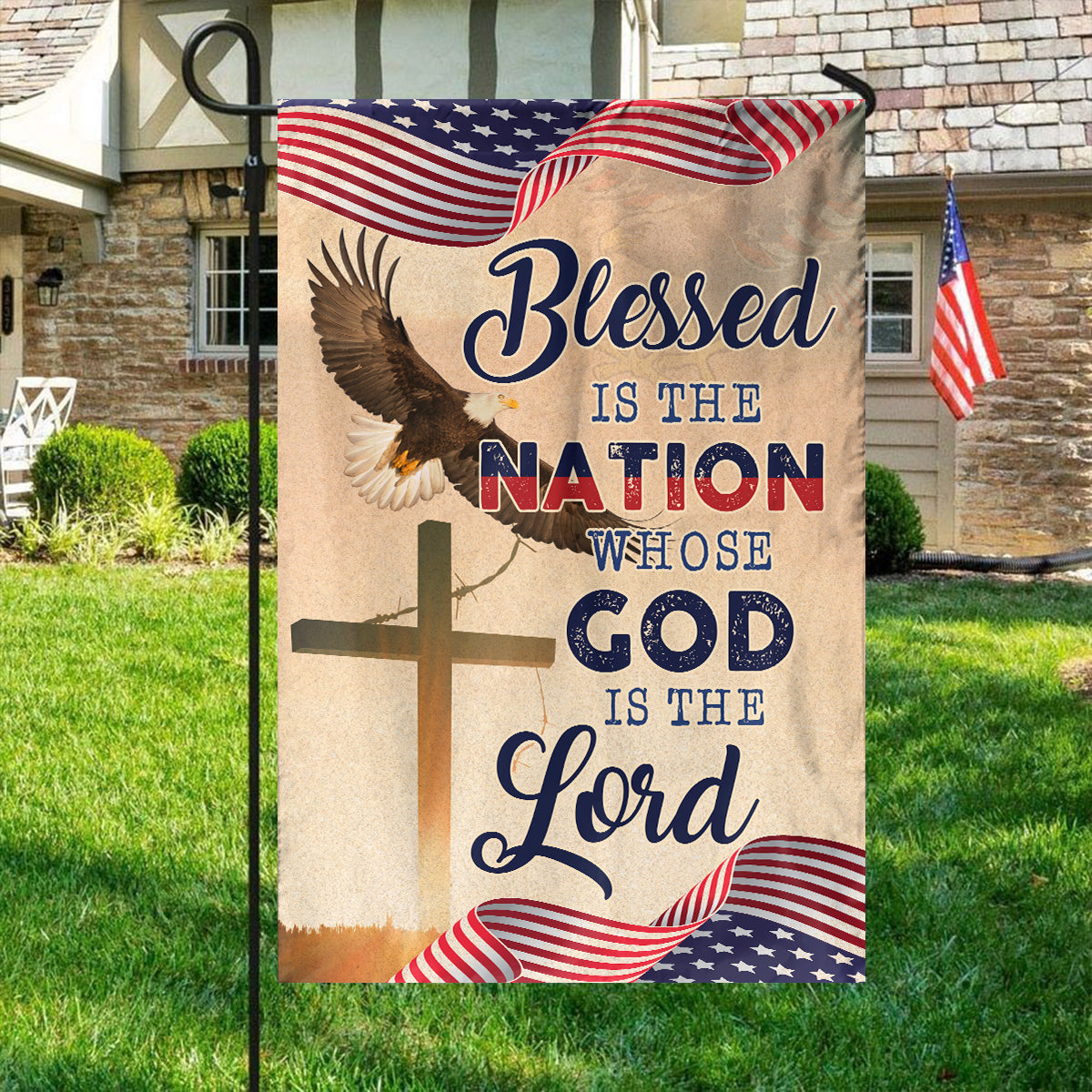 Teesdily | God Cross Eagle American Flag, Blessed Is The Nation House Flag, Independence Day Home Decor, Christian Garden Flag, God Lover Gifts