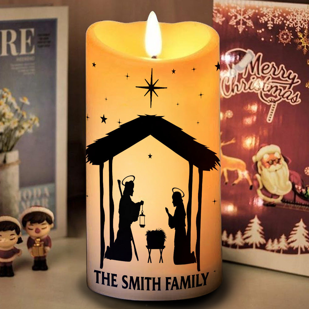 Teesdily | Custom Jesus Nativity Scene LED Candle No Battery, O Holy Night Music Sheet Nativity Christmas Decor, Religious Gift