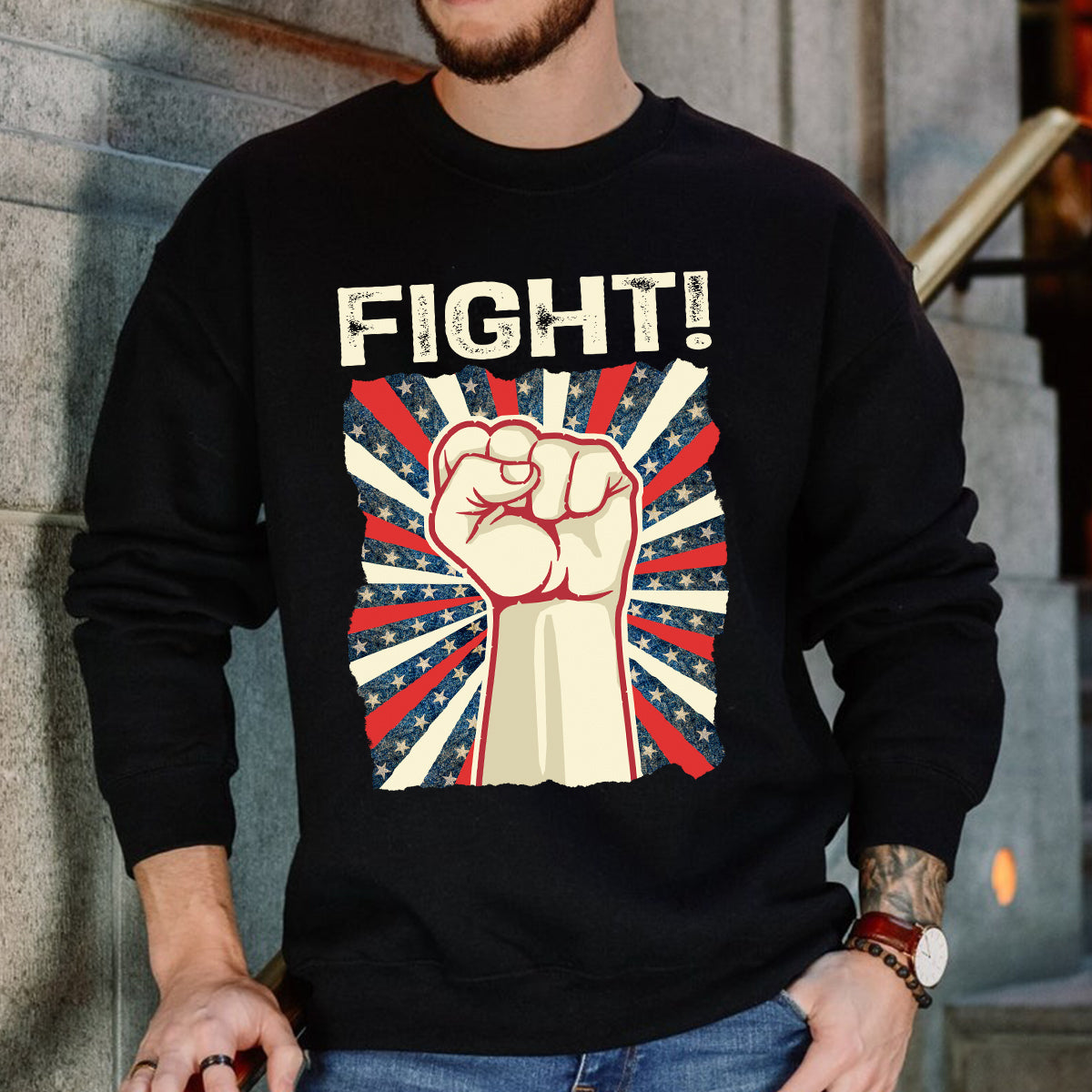 Teesdily | American Hand Fist Retro Shirt, American Fight Sweatshirt Hoodie Mug, Patriotism Vintage Crewneck, Patriotic Gifts