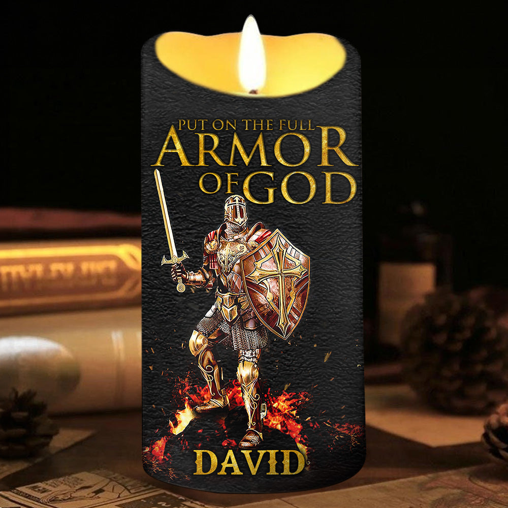 Teesdily | Customized Jesus Knight Templar Warrior LED Candle Without Battery, Put On The Full Armor Of God Prayer, Christmas Gift