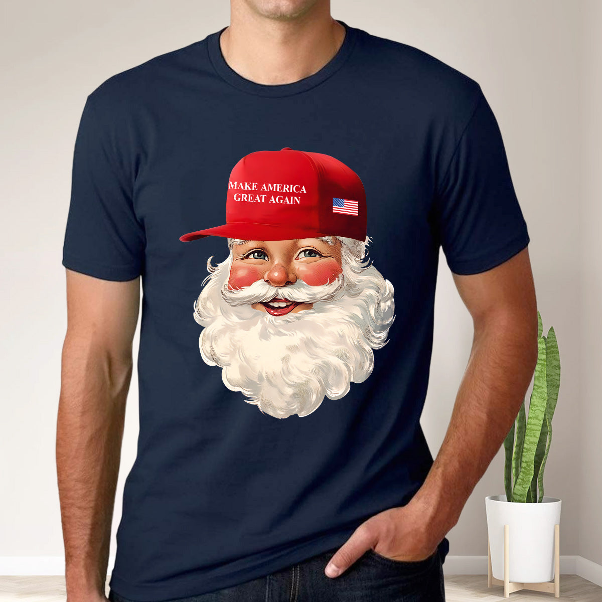 Teesdily | Santa Make Christmas Great Again Shirt, Funny Santa Christmas Sweatshirt, American Flag Santa Hoodie Mug, Xmas Gift