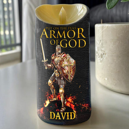 Teesdily | Customized Jesus Knight Templar Warrior LED Candle Without Battery, Put On The Full Armor Of God Prayer, Christmas Gift