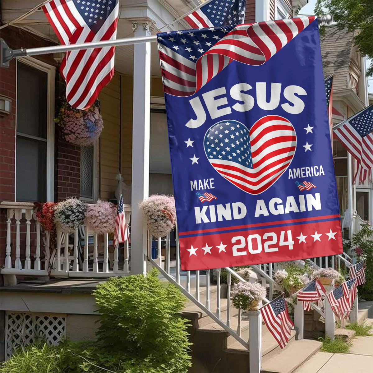 Teesdily | Jesus Make America Kind Again 2024 Garden Flag, Christian House Flag Yard Banner Outdoor Flag, Patriot Decor Home, Christ Religious Gift