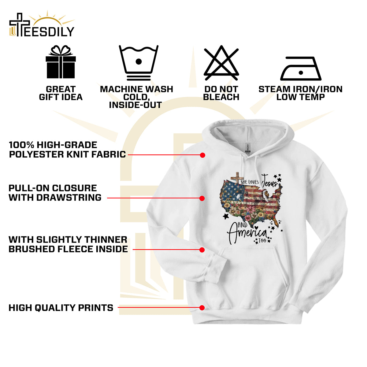 Teesdily | Jesus American Flag Flower Cross Shirt, She Loves Jesus And America Too Sweatshirt, US Pride Patriot Hoodie, Independence Day Gifts