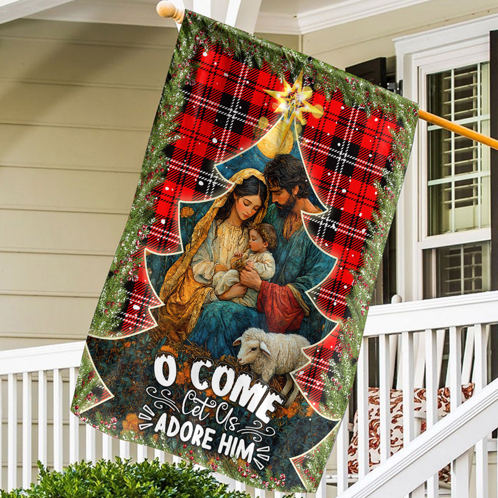 Teesdily | Holy Family Nativity Jesus Christmas Flag, O Come Let Us Adore Him Holy Night Garden Flag House Christmas Gift