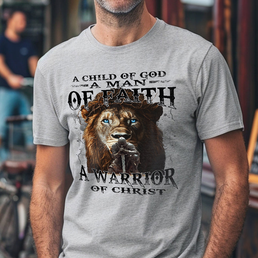 Teesdily | Jesus Warrior Knight Lion Shirt, A Warrior Of Christ Sweatshirt, A Child Of God Hoodie Mug, Man Of Faith Religious Tee