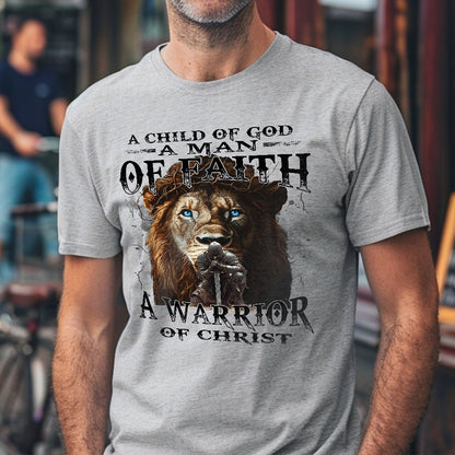 Teesdily | Jesus Warrior Knight Lion Shirt, A Warrior Of Christ Sweatshirt, A Child Of God Hoodie Mug, Man Of Faith Religious Tee