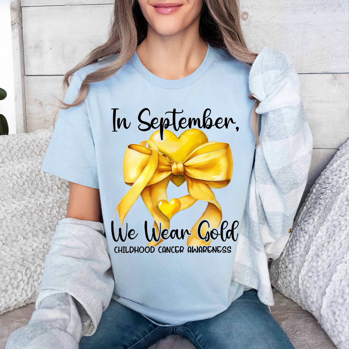 Teesdily | In September We Wear Gold Shirt, Cancer Coquette Bow Gold Sweatshirt, Childhood Cancer Awareness Hoodie Mug Survivor