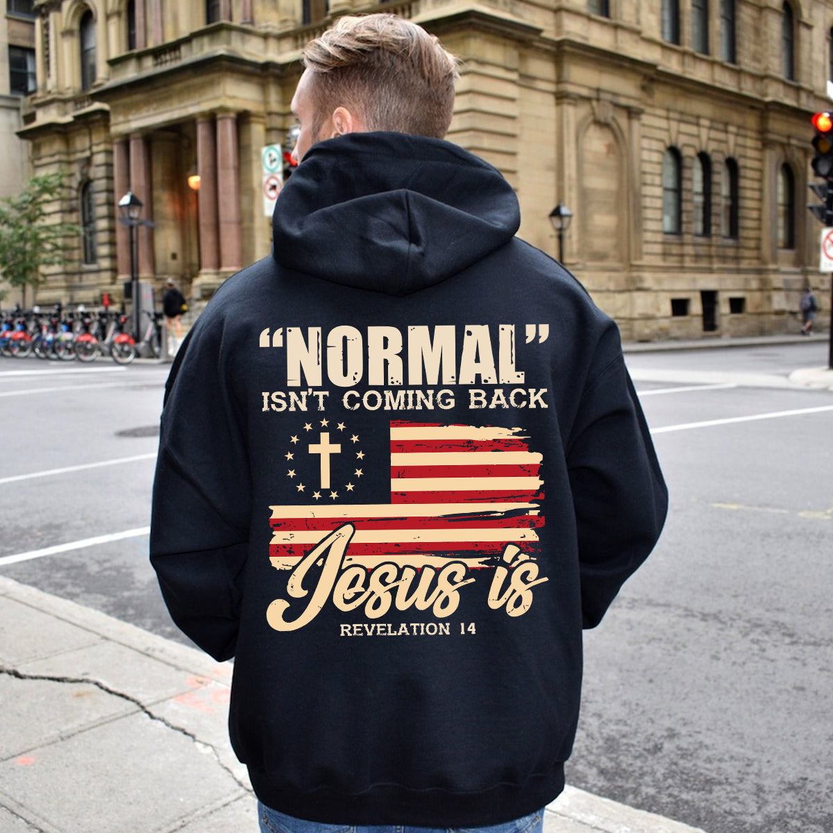 Teesdily | Jesus Cross Usa Flag Shirt, Normal Isn't Coming Back Hoodie Sweatshirt Mug, Fourth Of July Tee Backside, Jesus God Lover Gifts