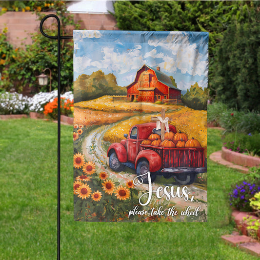 Teesdily | Jesus Take The Wheel House Flag, Jesus Christ Thanksgiving Garden Flag, Pumpkin Sunflower Autumn Flag, Farmhouse Seasonal Outdoor Decor