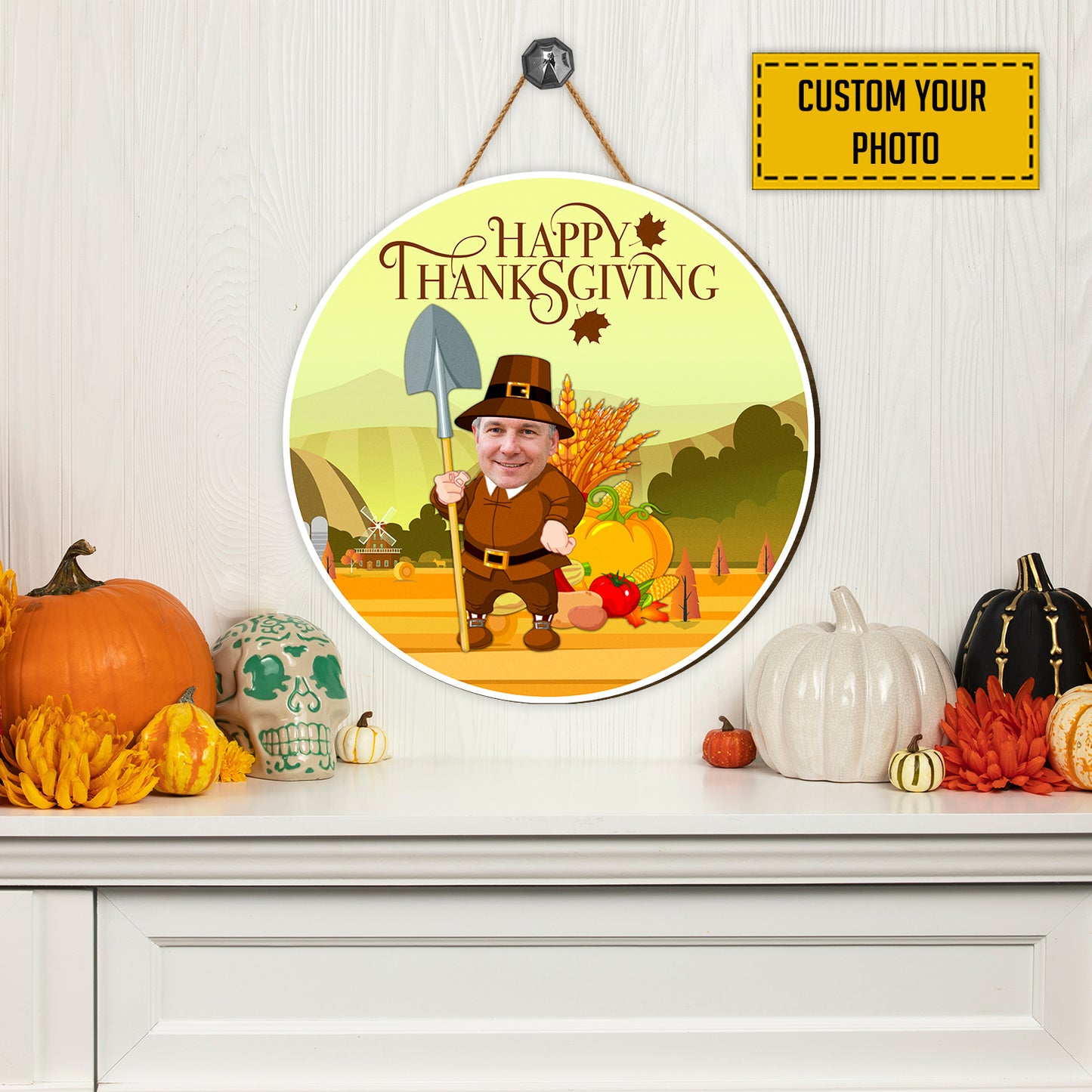 Teesdily | Pilgrim With Spade Customized Face Home Sign, Happy Thanksgiving Wood Sign, Funny Cosplay Harvest Season Sign, Harvest Day Gifts