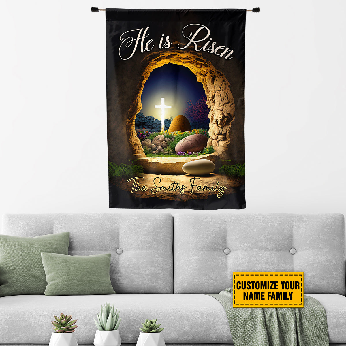 Teesdily | Jesus Easter Personalized Garden Flag He Is Risen Outdoor Flag Christian Easter Day Home Garden Decor Gift For God Believers