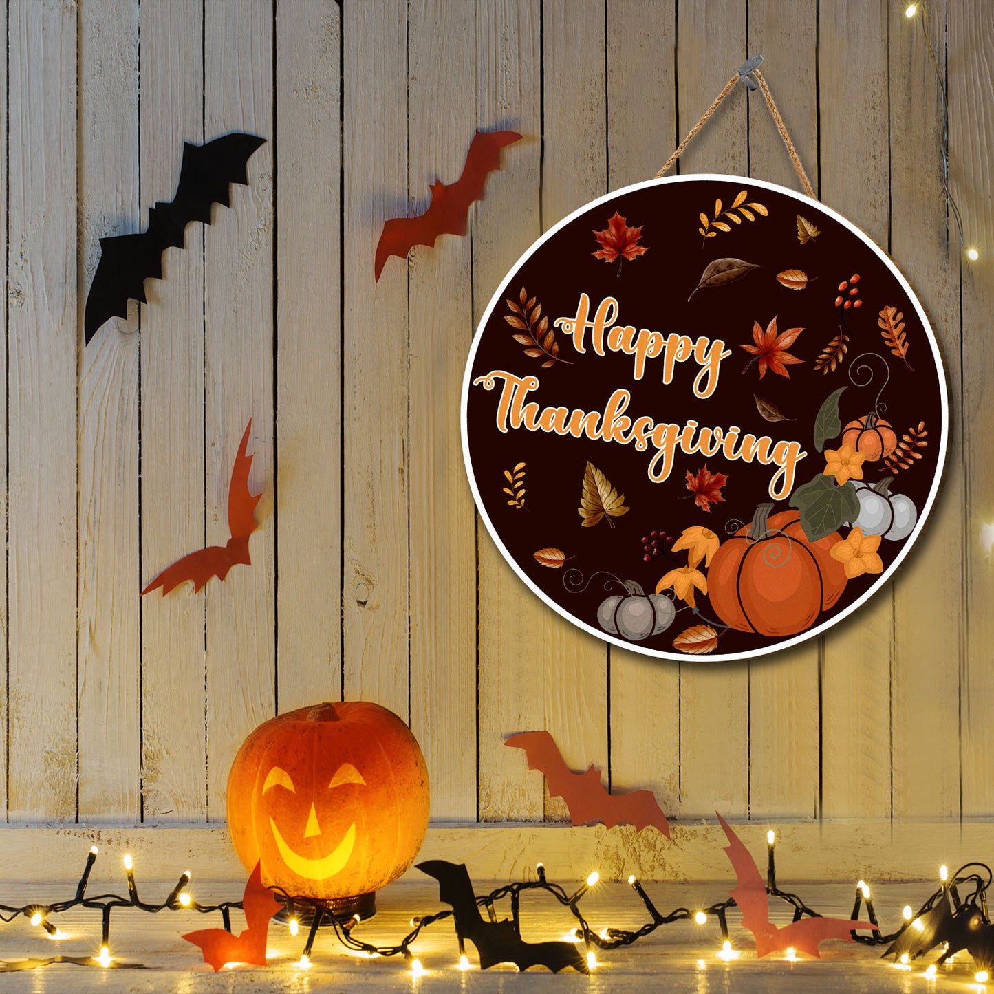 Teesdily | Happy Thanksgiving Round Wood Sign Autumn Pumpkins Foliage Vine Round Hanging Sign Dorm House Welcome Sign Harvest Day Thanksgiving Gifts